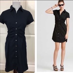 Theory black button up dress with ruched waist detail